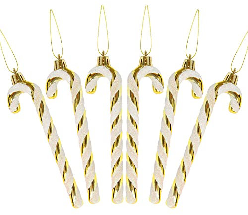 DERAYEE 6 PCS Christmas Glitter Candy Cane Plastic Candy Cane Christmas Tree Decorations for Xmas New Year Party Supplies (Gold&White)