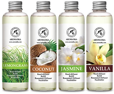 Raumduft Diffuser Nachfüller Lemongrass & Kokos & Jasmin & Vanille - 4x200ml - Nachfüller Set für Duftdiffusor - Reed Diffuser Refill - Raumbeduftung - Zimmerduft - Diffuser Nachfüllen - Raumluft