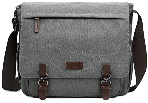 Sunborls Herren Damen Umhängetasche Canvas & Echtleder Messenger Bag Satchel Student Bag Aktentasche für 14 Zoll Laptop, grau