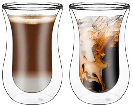 Vinsani Curve Double Walled Coffee Drink Glasses 300ml Set of 2 Heat Cold Resistant Minimalist Aesthetic Clear Borosilicate Glass Cup Latte Macchiato Cappuccino Dessert Ice Cream Hot and Cold Drinks
