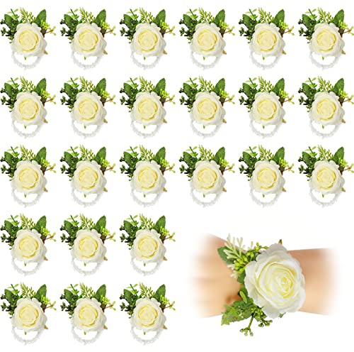 Sherr 24 Stück Hochzeit Weiß Elfenbein Rose Handgelenk Corsage Armband für Braut Brautjungfer Mädchen Frauen Blumen Armbänder Dekor Hochzeit Künstliche Blumen für Party Abschlussball Hochzeit Heimkehr