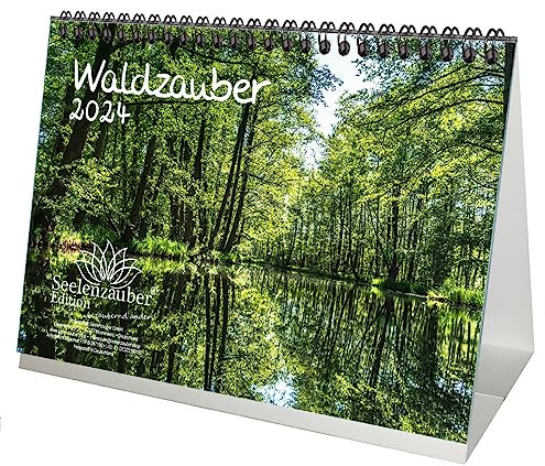 Waldzauber DIN A5 Tischkalender für 2024 Baum Bäume Wald Natur - Geschenkset Inhalt: 1x Kalender, 1x Weihnachtskarte (insgesamt 2 Teile)