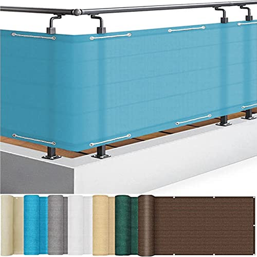 Balkonbespannung 70 x 450 cm Windschutz Staubschutz Sichtschutz Balkon Ohne Bohren mit Ösen und Kordel für Balkongeländer Garten, Himmelblau