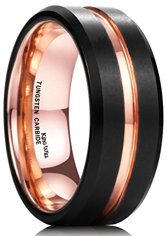 King Will DUO Mens 8mm Black Matte Finish Tungsten Carbide Ring 18K Rose Gold Plated Beveled Edge Wedding Band 10