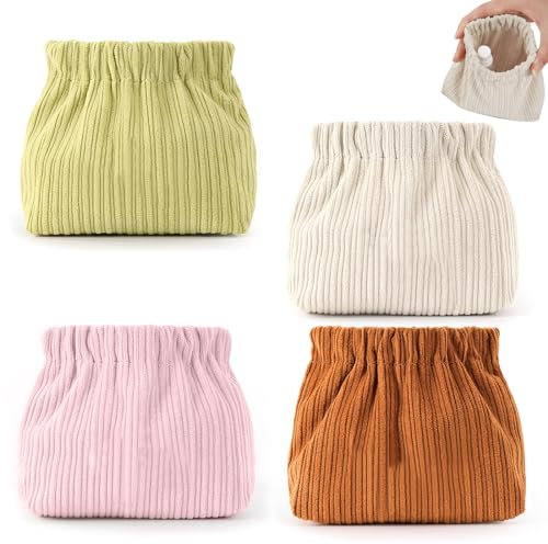 Lot de 4 petites trousses de toilette avec Schrapnell - Portable - En velours côtelé - Fermeture automatique - Sans fermeture éclair - Pour le voyage, Blanc, marron, vert, rose, Mini trousse de