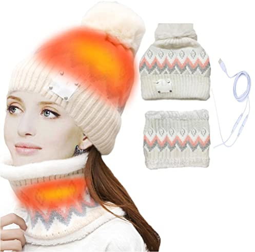 Keenso USB-elektrische Warme Beheizte Mütze und Halswärmer-Set, Winter Beheizte Beanie-Mütze, Schal, Fleece, 2 Stück für Männer und Frauen