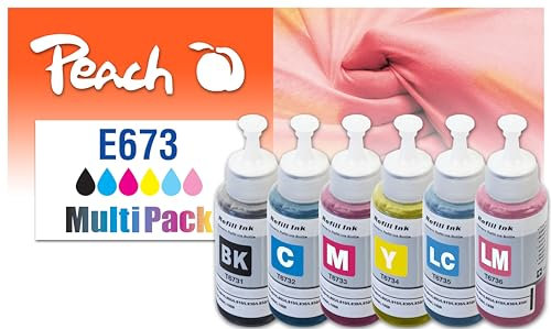 Peach E673 Spar Pack Tintenflaschen (BK, C, M, Y, LC, LM) ersetzt Epson T6737 für z.B. Epson EcoTank L 1800 ITS, 800, 805, 810, 850