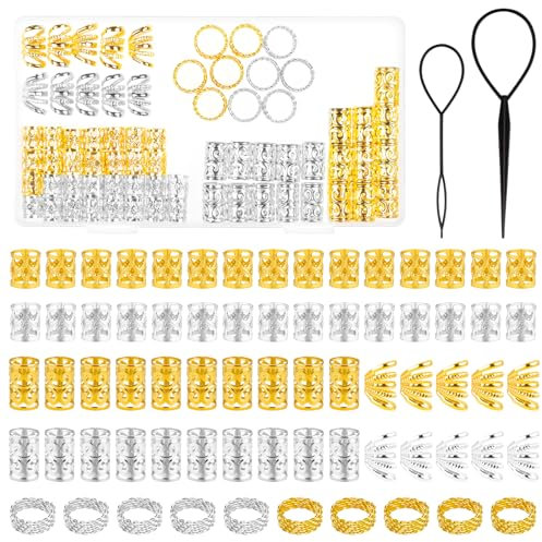 MELLIEX 72 Pièces Dreadlocks Perles Métal Bijoux de Tresse de Cheveux Pinces à Cheveux Bois Vikings Spiral Coils Accessoires Cheveux avec 2 Tresses de cheveux Pour Hommes Femmes - Or et Argenté