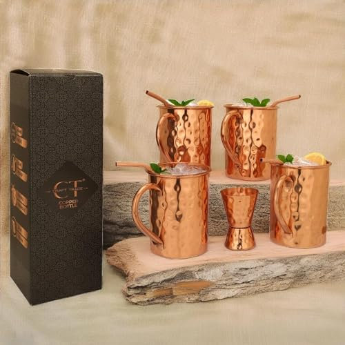 Craft Trade Pure Copper Moscow Mule Mugs with 4 Straw and 1 Glass Hammered Great Dining Bar Gift for Living Room - Set of 4
