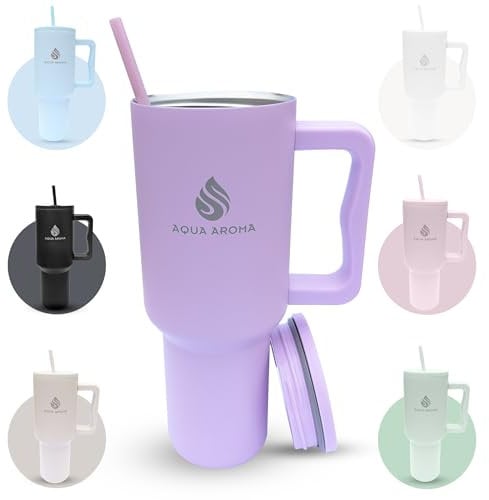 AQUA AROMA 40oz Tumbler with Straw and Lid | Insulated Cup | Stainless Steel Double Wall Water Bottle | Iced Coffee Cup | Travel Mug with Handle 1.2 Litre| Gifts for Women and Men | Gym Mug (Lavender)