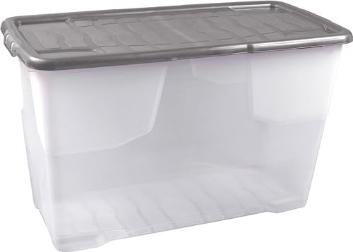 Strata 3 x 100 Litres Curve Plastic Stackable Storage Box & Lid with clip-on lids, 3 Pack, Multi storage box for home and office storage solution Clear Box, Grey Lid, (51cm H x 40cm W x 80cm D)