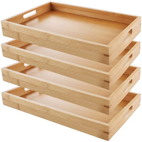 VIDETOL Wooden Tray Set of 4, 15x10x1.5 Rectangular Bamboo Tray with Handles, Breakfast Food Trays Nesting Trays for Eating, Serving Trayes for Dinner Tea Dessert
