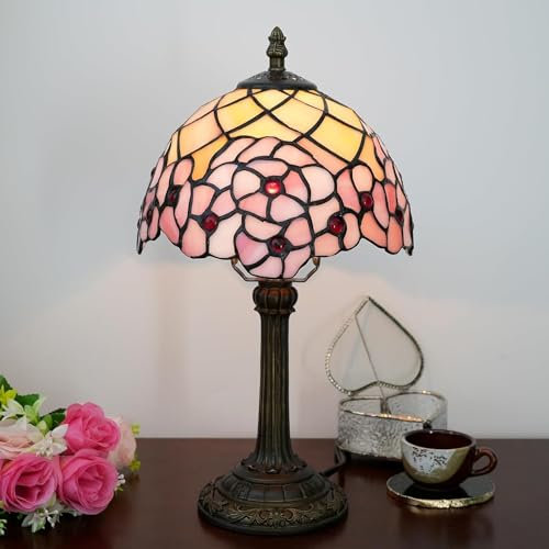 Hobaca 8 Zoll E7 Tiffany-Lampe, Rosa Kirsch-Stil, Buntglas-Lampen, Schlafzimmer-Nachttischlampen Für Wohnheim, Büro, Kunsthandwerk, Antikes Dekor, ästhetischer Nachttisch, Retro-Metall-Tischlampen