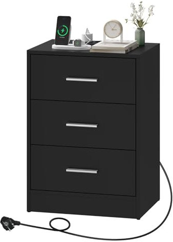 WOLTU Nachttisch, Beistelltisch mit Ladefunktion, Steckdose, 3 Schubladen, Nachtschrank, Nachtkästchen für Schlafzimmer, Wohnzimmer, Flur, Büro, Modern Schwarz