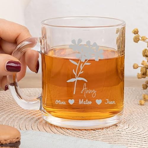Wanapix | Taza de Cristal Grabada Personalizada | 325cl. | Grabado láser sin color | Regalo Original para madre/abuela | Personalización nombre | Flor