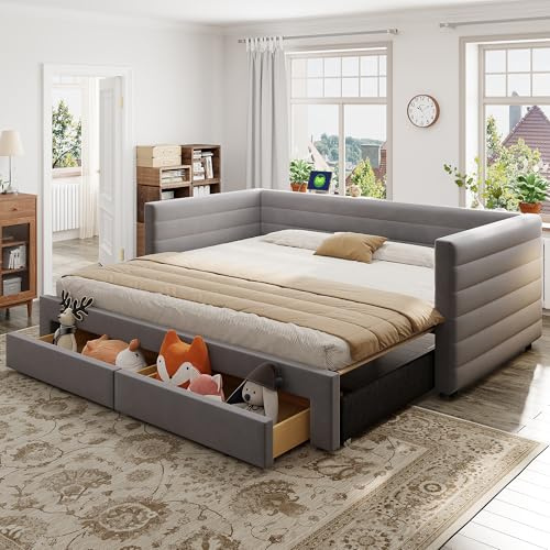 Lcoho Cama tapizada 3 en 1 sofá cama extensible 90 x 190 cm, cama multifunción con cajones, convertible en cama individual o doble con somier de láminas de algodón y lino, color beige (colchón no