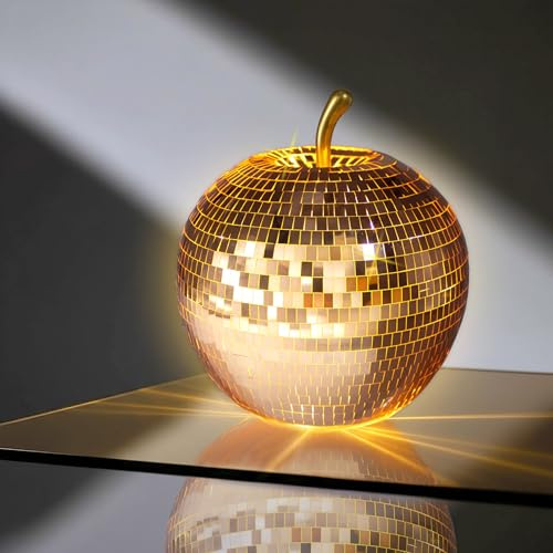 Spetebo LED Glas Disco Apfel 16 cm - bronze - Deko Frucht in Discokugel Optik mit Timer - Tisch Lampe Leuchte mit Drahtlichterkette Batterie betrieben mit Timer