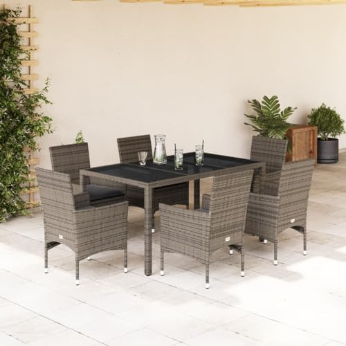 Teenpull 7-TLG. Garten-Essgruppe, Grau Poly Rattan Möbel Set mit 6 Stühlen, Gartentisch Glasplatte, UV-beständig, für Terrasse, Balkon, Essbereich Außenbereich