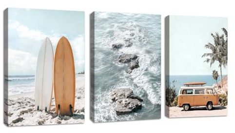3 Pcs Sommer Blau Küste Landschaft Leinwand Bilder Mit Rahmen, Vintage Surfbrett Kleinbus Bild Auf Leinwand Schlafzimmer Entspannung Natur Landschaft Wandbilder Wanddeko für Wohnzimmer 40X60cmX3 Pcs