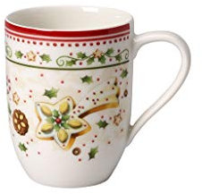 Villeroy & Boch Winter Bakery Delight Kaffeebecher Sternschnuppe, 370 ml, Premium Porzellan, Weiß/Rot/Beige