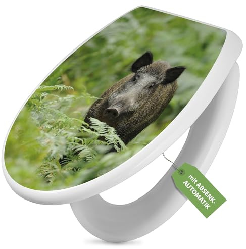 banjado Toilettendeckel mit Absenkautomatik 44,5x37cm - Soft Close Toilettensitz - WC Sitz mit Absenkautomatik - Klodeckel aus Duroplast mit Edelstahl Scharnieren, einfache Montage - Motiv Wildschwein