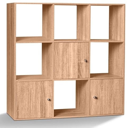 IDMarket - Meuble de Rangement Cube Rudy 9 Cases Bois façon hêtre avec 3 Portes