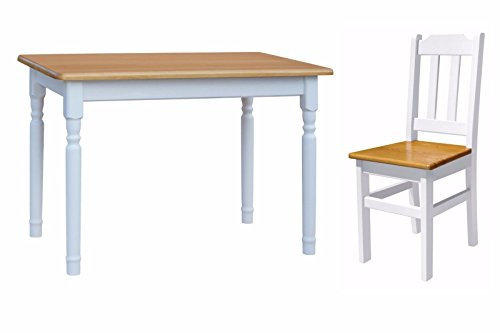 k koma Rustikale Essgruppe aus Kiefernholz: Tisch 120 cm x 70 cm + 4 Stühle im Landhausstil (Farbe Weiss und Erle/Alder)