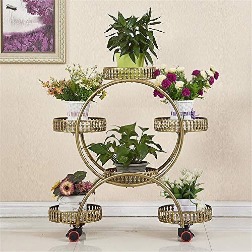 ZJDU 4-Tier 6 Korb Pflanzenständer Mit Rädern Metall Schmiedeeisen Pflanzenständer Indoor Blumenständer, Gartenwagen Ständer Display Rack, Pariser Stil - Perfekt Für Haus, Garten, Terrasse,Bronze