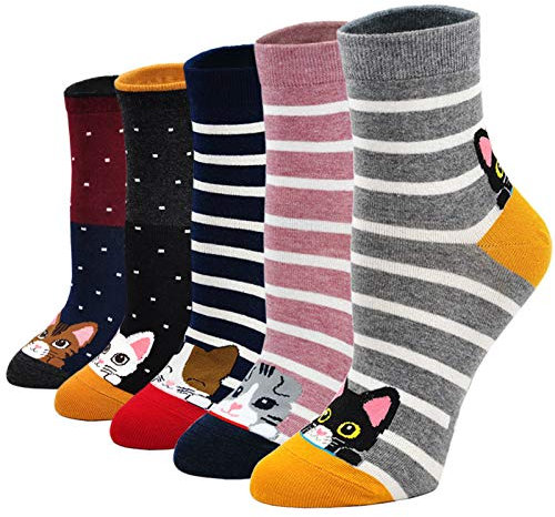 PUTUO Damen Baumwolle Lustige Bunte Socken - Thermal Karikatur Tier Weihnachtssocken, 5 Paare, EU 37-43, Katzenmuster
