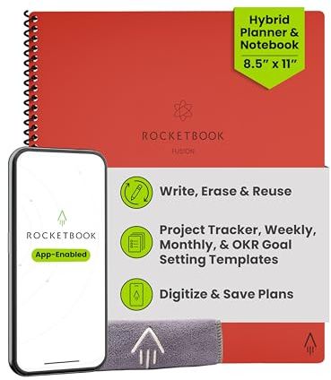 Rocketbook Fusion Reusable Digital Notebook - Smart Notepad A4 Red, 7 Styles, To Do List, Daily Bullet Journal, Weekly & Monthly Planner, with Frixion Erasable Pen, Office Gadget Reduces Paper Waste