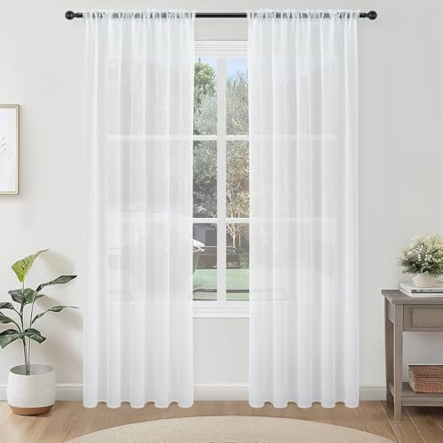 Topfinel Voile Vorhang Weiss Gardinen Wohnzimmer Haltransparent Gardienen Schals 220 cm Lang Schlaufenschal 140 cm Breit, 2er Set, Rod Pocket, Tunnelzug