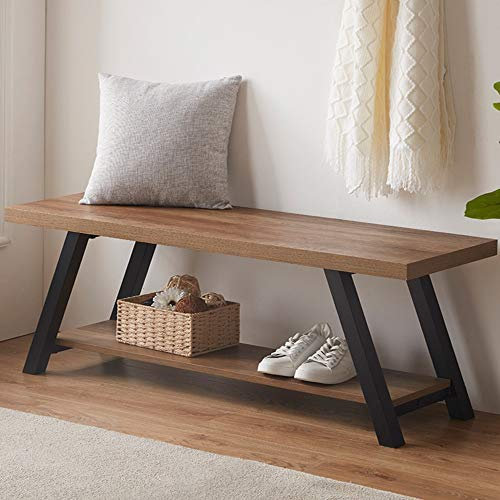 LVB Bank Moderne Aufbewahrungsbank für Schlafzimmer Schwarz Metall Bank für Flur Esszimmer Wohnzimmer Bauernhaus Schuhregal Innen Akzent-Sitzbank für Diele Eingang Natürliche Farbe 120cm