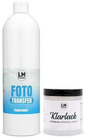 LM Foto Transfer Medium (1 litro) e vernice protettiva (250 ml) per trasferire facilmente stampe laser, copie laser, ritagli di giornali e immagini di riviste su legno o altre superfici
