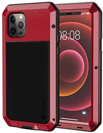 Lanhiem Heavy Duty Case Design for iPhone 12 / iPhone 12 Pro Shockproof Tough Armour Metal Case with [Tempered Glass Screen Film], 360 Full Body Protective Case Cover for iPhone 12/12 Pro -Red