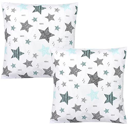 TupTam Kinder Kissenbezug Dekorativ Gemustert mit Hotelverschluss 2er Set, Farbe: Sterne Mint/Schwarz, Größe: 40 x 60 cm