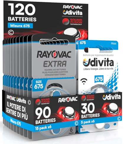 120 Batterie Per Apparecchi Acustici Rayovac Extra Advanced 675. 120 Pile: 90 Rayovac + 30 Udivita