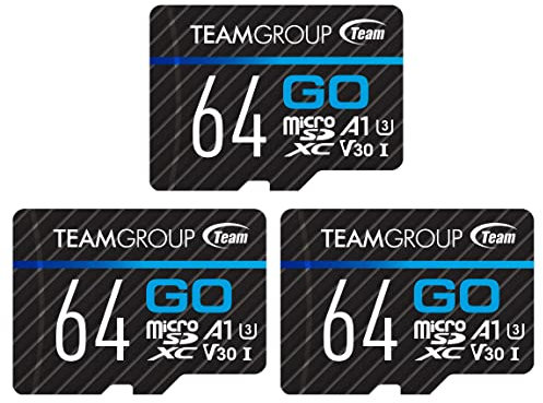 TEAMGROUP GO Card 64GB x 3 Pack Micro SDXC UHS-I U3 V30 4K for GoPro & Drone & Action Cameras High Speed Flash Memory Card with Adapter for Outdoor Sports, 4K Shooting, Nintendo-Switch TGUSDX64GU362
