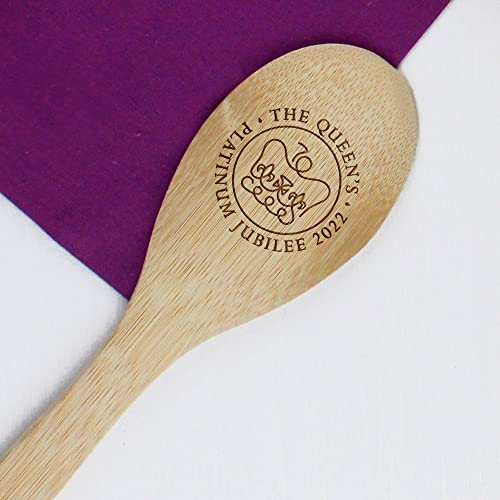 eBuyGB Wooden Mixing Spoon Engraved with The Royal Emblem, The Queen's Platinum Jubilee, Celebrating 70 Years of Service, Royal Family