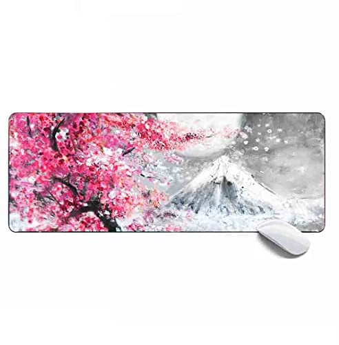 MSHAJ Gaming-Mauspad mit japanischem Gemälde, Motiv: Kirsche und Mond, Größe XL, erweitertes großes Mauspad, Schreibtischunterlage, 80 x 30 x 0,3 cm, genähte Kanten, rutschfestes Mauspad für Computer,