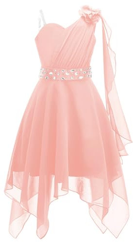 IEFIEL Asymétrique Robe Demoiselle d'honneur Enfant Fille Fleur Robe de Cérémonie Soirée Strass Une Epaule Robes de Baptême Fête Mariage Taille Haute Rose 13-14 Ans