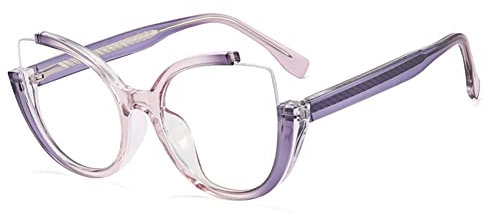 kachawoo Halb randlose Vintage Mode Gläser Rahmen Cat Eye Große rahmenlose blaue Licht Eyewears Elegante Brillen für Frauen 2023 (clear purple frame)