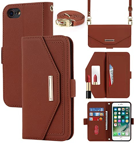 Cavor Case compatible with iPhone 7 Plus/8 Plus Phone Case With Strap,Crossbody Flip Leather Wallet Case,[5 Card Holder][Mirror][Magnetic],Lanyard Case Cover for women - Brown