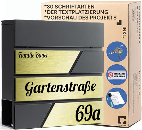 PRINTIMA Julia UV Personalisierte Briefkasten Anthrazit (RAL7016) mit Zeitungsfach: Wetterbeständigkeit, Funktion trifft auf Qualität und Stil, 37x37x11cm
