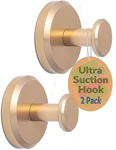 Kitston Suction Cup Hooks are Waterproof Solutions for The Shower, Bathrooms, and Kitchens to Hang Mesh Scrub Loofahs, Towels, Robes, and More, Gold, 2 Pack