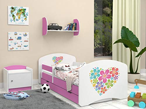 Happy Babies Kinderbett Happy Kinderbett mit Rausfallschutz und Bettschublade Bett für Mädchen 160x80 mit Matratze Weiß Rose Bett Prinzessin