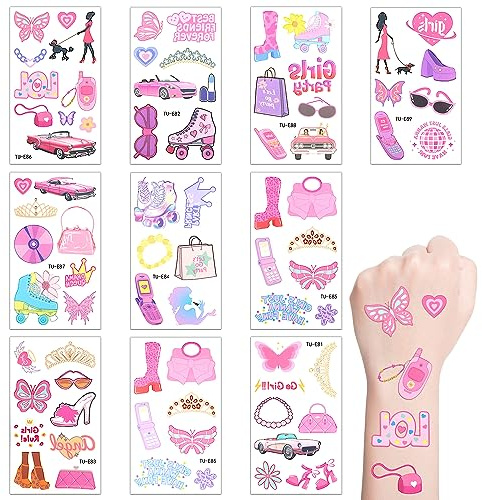 10 Blätter Rosa Temporäre Tattoos Mädchen, 77 Muster Rosa Junggesellenabschied Tattoo Junggesellinnenparty-Geschenke Geburtstagsparty-Tattoos für Mädchen