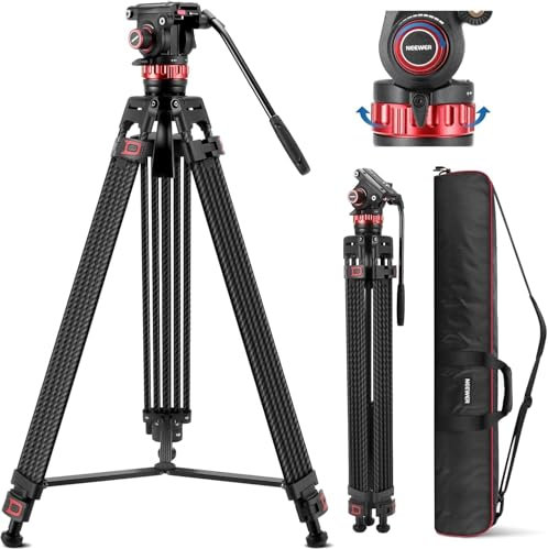 NEEWER 78 Treppiede Video Pro in Fibra Carbonio Treppiede Testa Fluida Pan 360° Incli 145°, Cavalletto per Fotocamera DSLR Resistente Piastra QR, Max 22lb, TP76