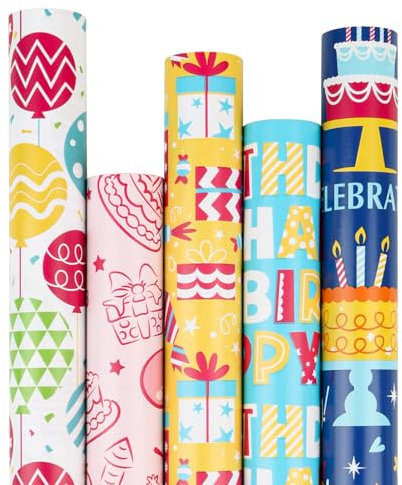 VEYLIN Geschenkpapier Geburtstag rolle, 5 ×3M Geschenkpapier Kindergeburtstage für Geburtstag, Party, Baby Shower, Festliche Dekorationen (43CM x 15M)