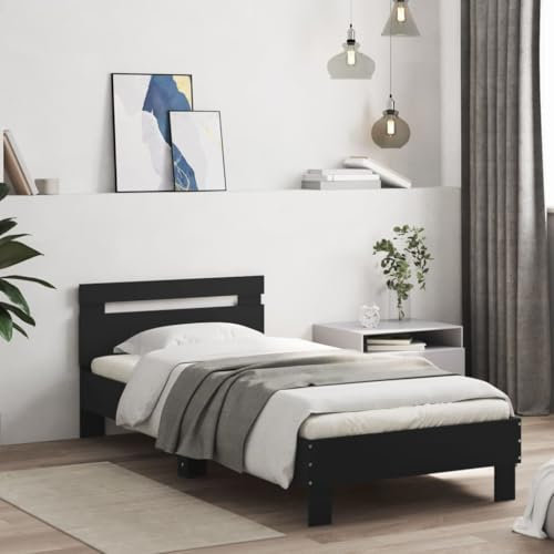 vidaXL Cadre de Lit avec Tête de Lit et Lumières LED, Lit Simple avec Sommier à Lattes, Lit Adulte, Meuble de Chambre, Moderne, Noir 90x190 cm