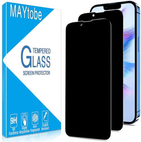 MAYtobe 2 Pack Privacy Screen Protector for iPhone 13, 13 Pro, iPhone 14, Anti Spy Tempered Glass, Case Friendly, Anti-Scratch, Ultra Resistant, Touch Sensitive, Bubble Free